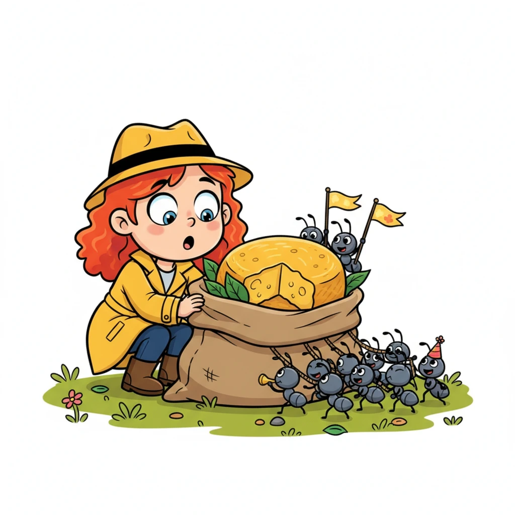 Millie bravely peeked inside Bartholomew's sack. To her astonishment, nestled amongst some leaves, was the Golden Gouda! But it wasn't Bartholomew who had taken it; a team of tiny, enthusiastic ants were carefully rolling it along, planning a surprise 'cheese parade' for the festival.