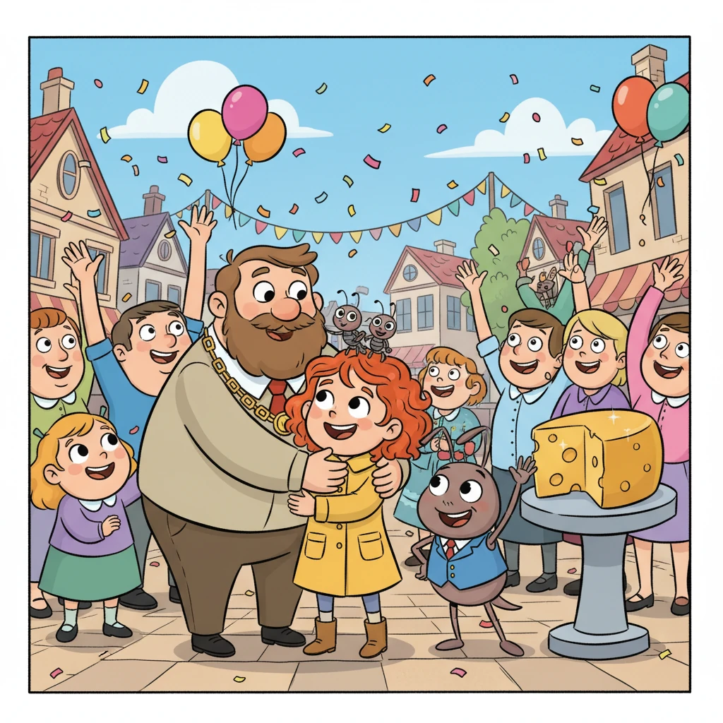 Millie quickly explained the misunderstanding to Bartholomew and the overjoyed ants. They all hurried back to the town square, where the townsfolk cheered loudly at the return of their beloved Golden Gouda. Mayor Higgins hugged Millie, relieved and grateful.