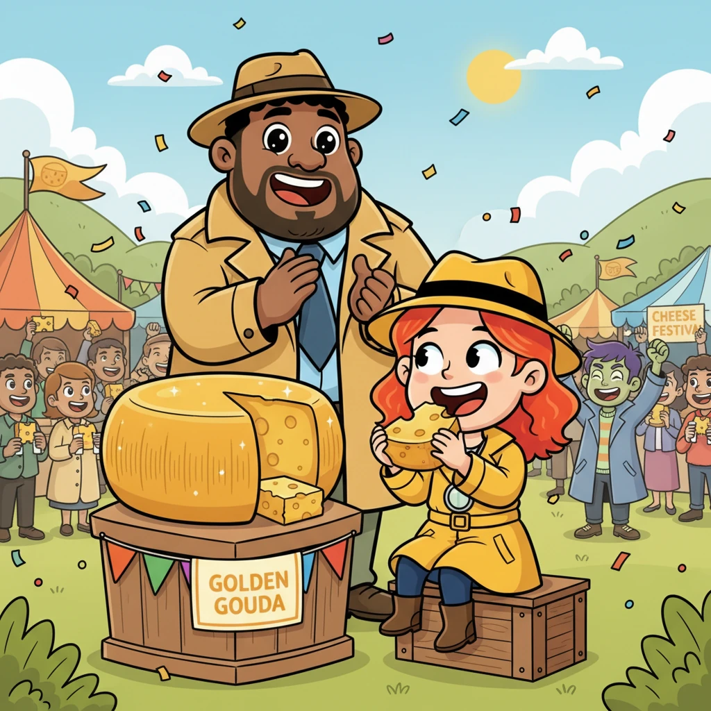 The Cheese Festival was a magnificent success, with the Golden Gouda taking center stage once more. Detective Millie, hailed as a hero, enjoyed a well-deserved slice of cheese, knowing that even the biggest mysteries can be solved with a little bit of cleverness and a lot of heart.