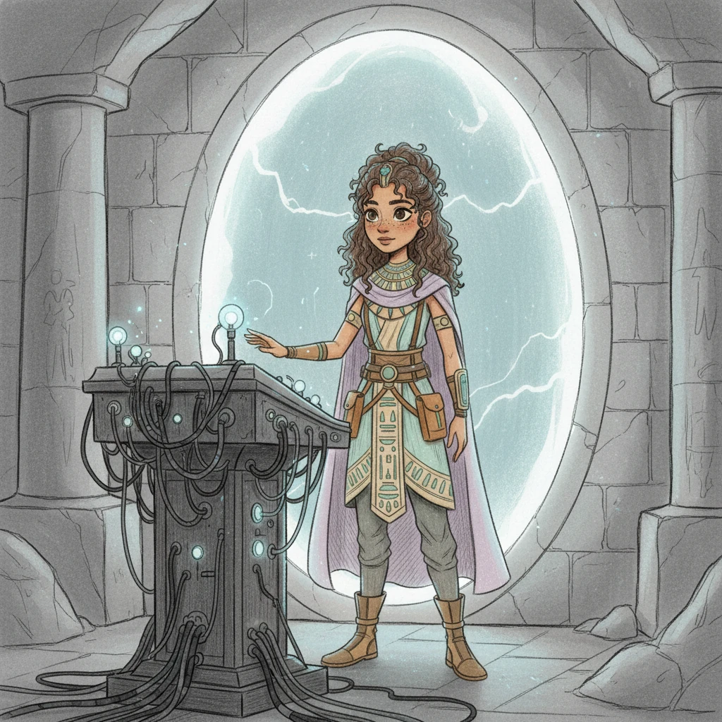 Elara, a young explorer, stands before a shimmering portal, her hand hovering over a complex console. Wires and glowing dials hum around her, reflecting the anticipation in her wide eyes. The air crackles with energy, promising a journey beyond imagination.