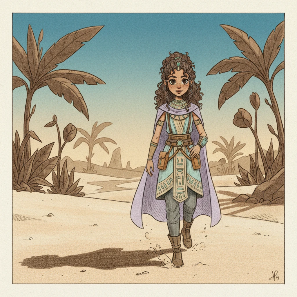 With a silent whoosh, Elara steps out onto scorching sand. The air is thick with the scent of sun-baked earth and distant water. Towering, unfamiliar flora dots the horizon, and the sky burns a brilliant, ancient blue.