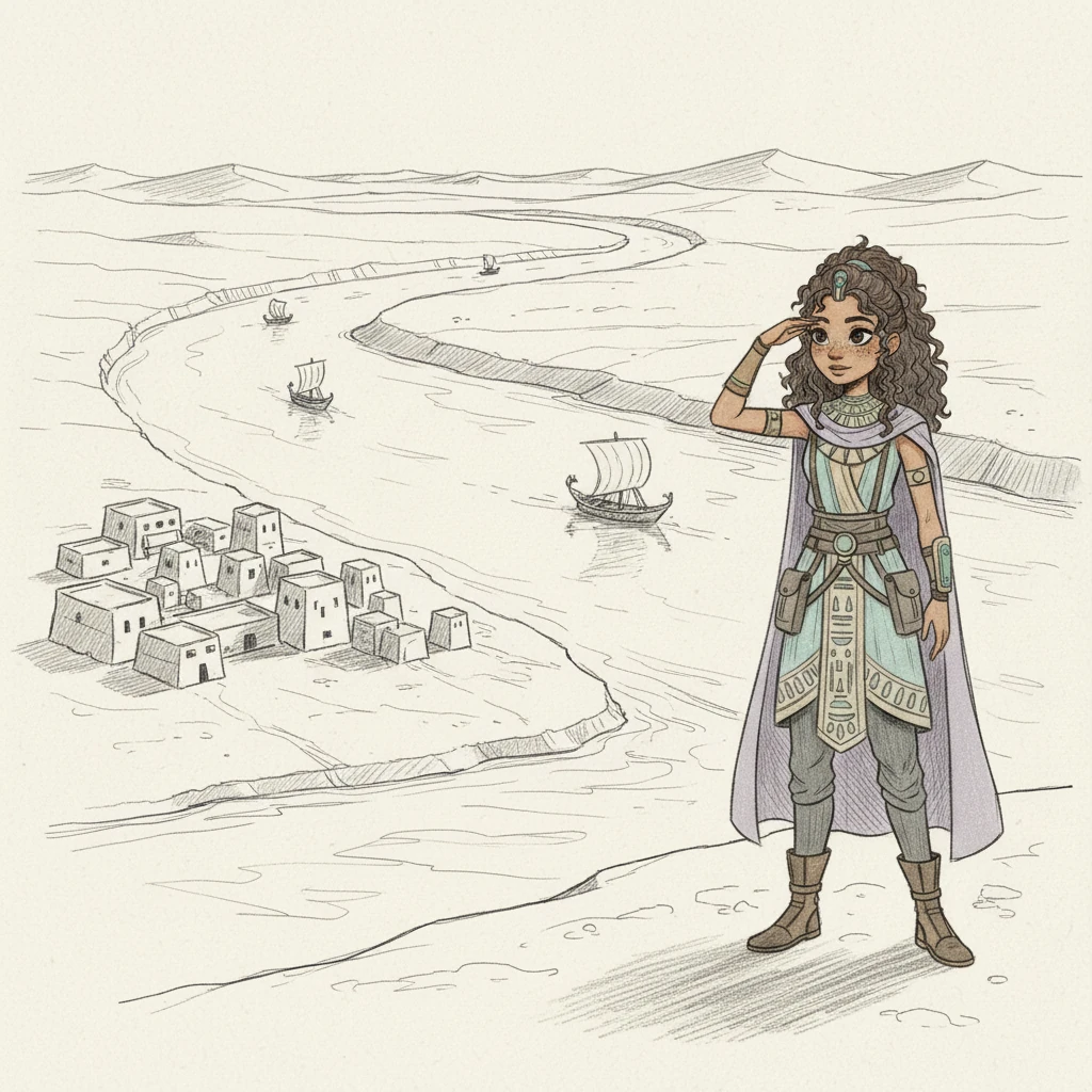 The majestic Nile River stretches before her, a ribbon of life against the vast desert. Simple reed boats drift lazily, their sails catching the gentle breeze. On the banks, small clusters of mud-brick dwellings hint at burgeoning civilization.