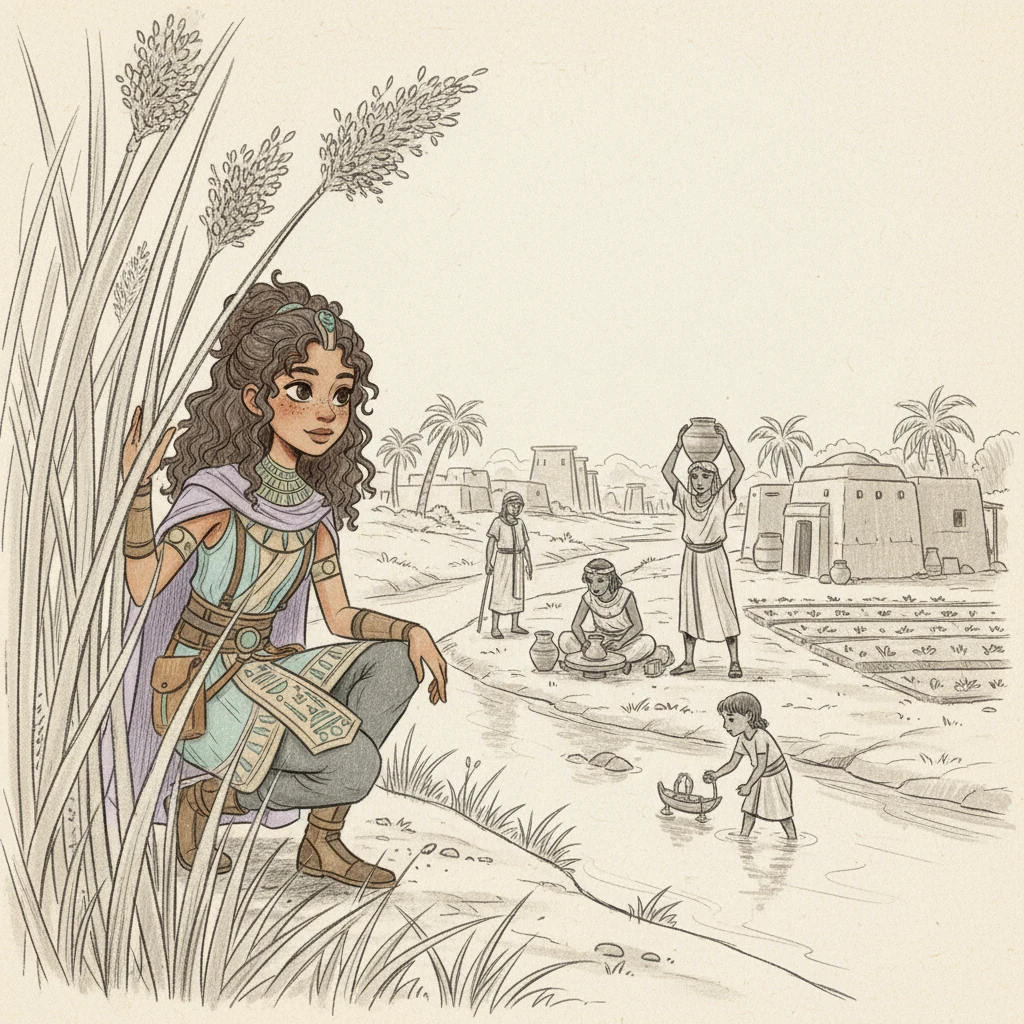 From a hidden vantage point amidst tall papyrus reeds, Elara observes villagers going about their day. Figures in simple linen tunics haul water, tend to small fields, and craft pottery, their movements rhythmic and timeless. A child plays with a wooden toy near the water's edge.