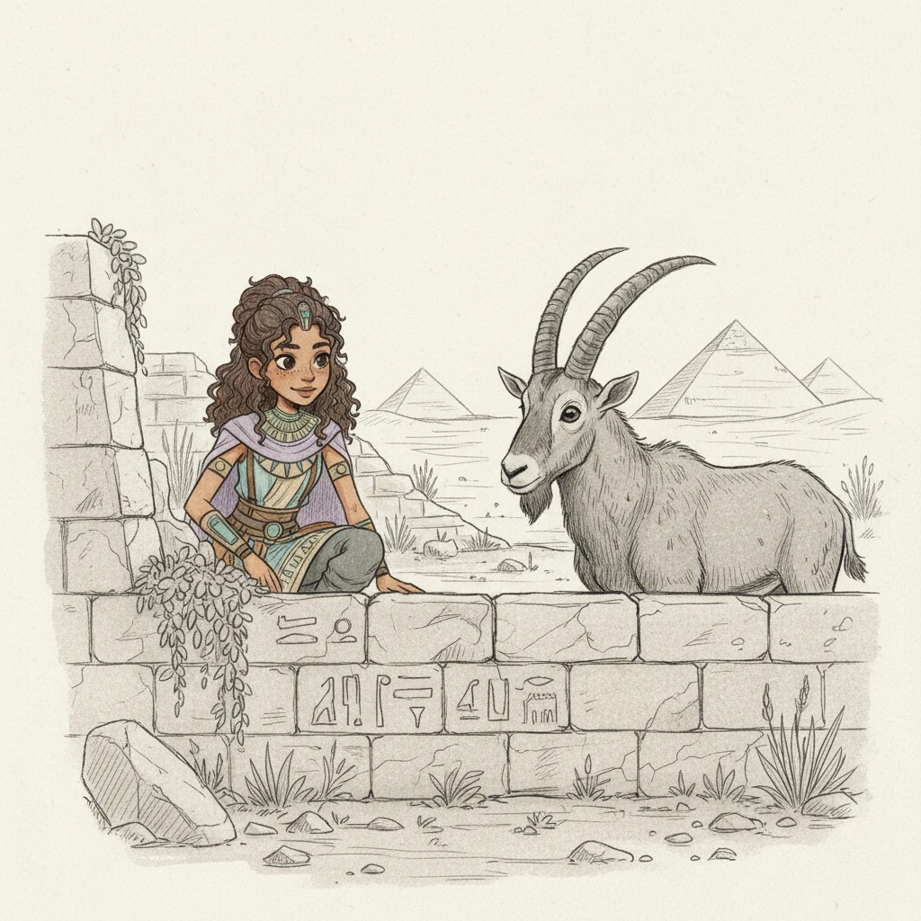 A curious ibex, with its long, curved horns, approaches Elara's hiding spot, its dark eyes wide with curiosity. She remains perfectly still, a silent observer in this ancient land, feeling a strange connection to the wild creature.