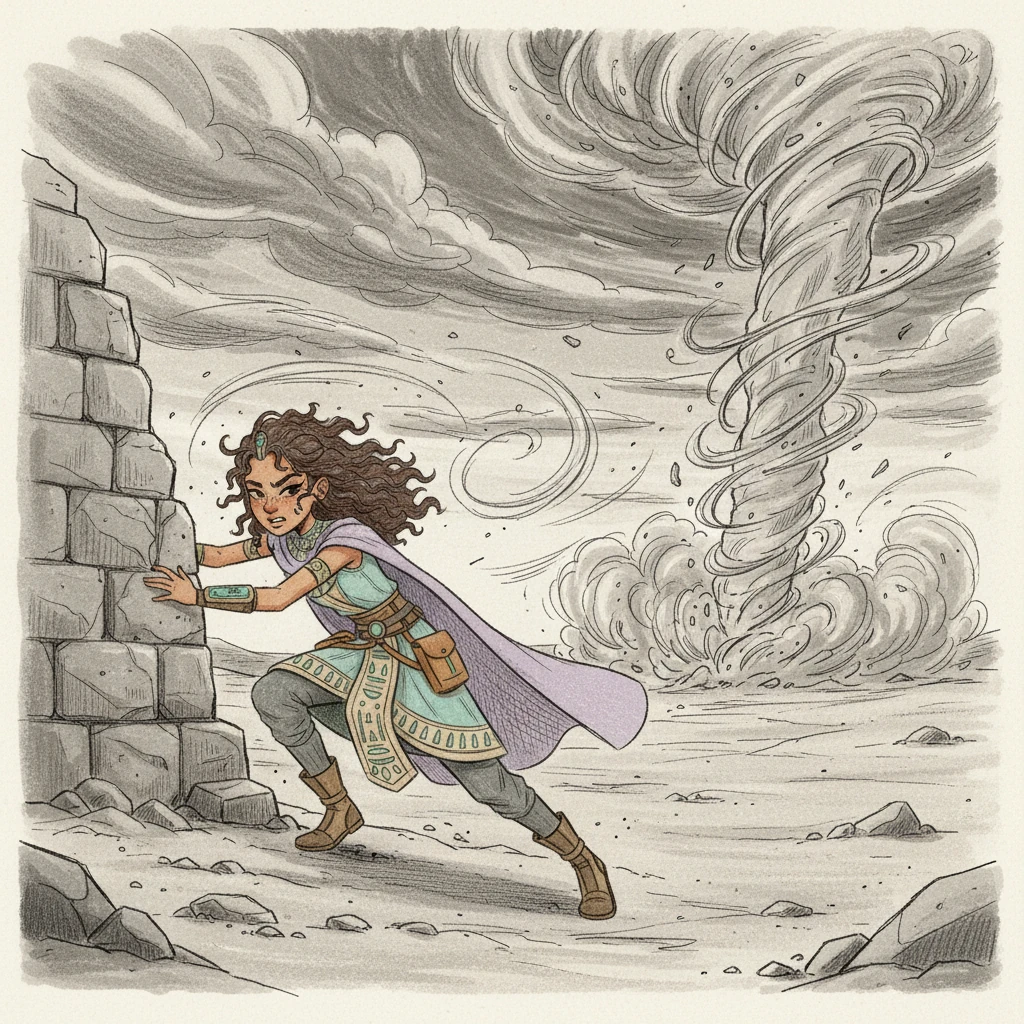 Suddenly, the wind whips up, carrying fine sand that stings her skin. A dust devil swirls in the distance, growing larger and more menacing. Elara quickly seeks shelter, understanding the raw power of this untamed world.