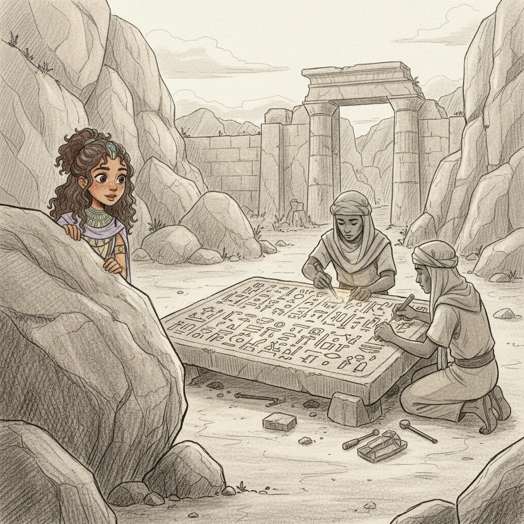 Peeking from behind a large rock, Elara witnesses a group of artisans meticulously carving symbols into a stone tablet. The intricate lines and shapes begin to form a story, a language from a forgotten age, captivating her with its beauty.