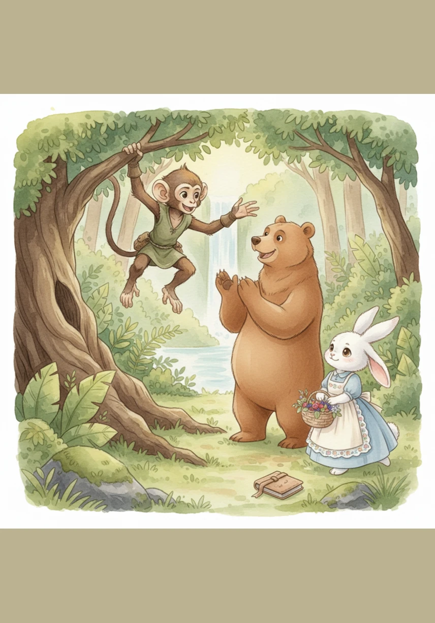 In the heart of a lush, emerald-green jungle, a playful monkey named Milo swings through the vines and chases colorful butterflies. His home is filled with bright sunlight and the sweet scent of tropical flowers, making every day a wonderful adventure.