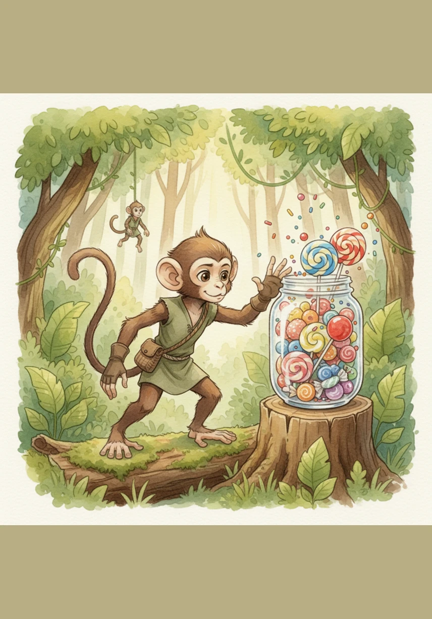 One bright morning, Milo pauses his playing when a delicious, sugary scent wafts through the warm breeze. He tilts his head and sniffs the air, his eyes widening with curiosity as he follows the irresistible smell deeper into the thick forest.