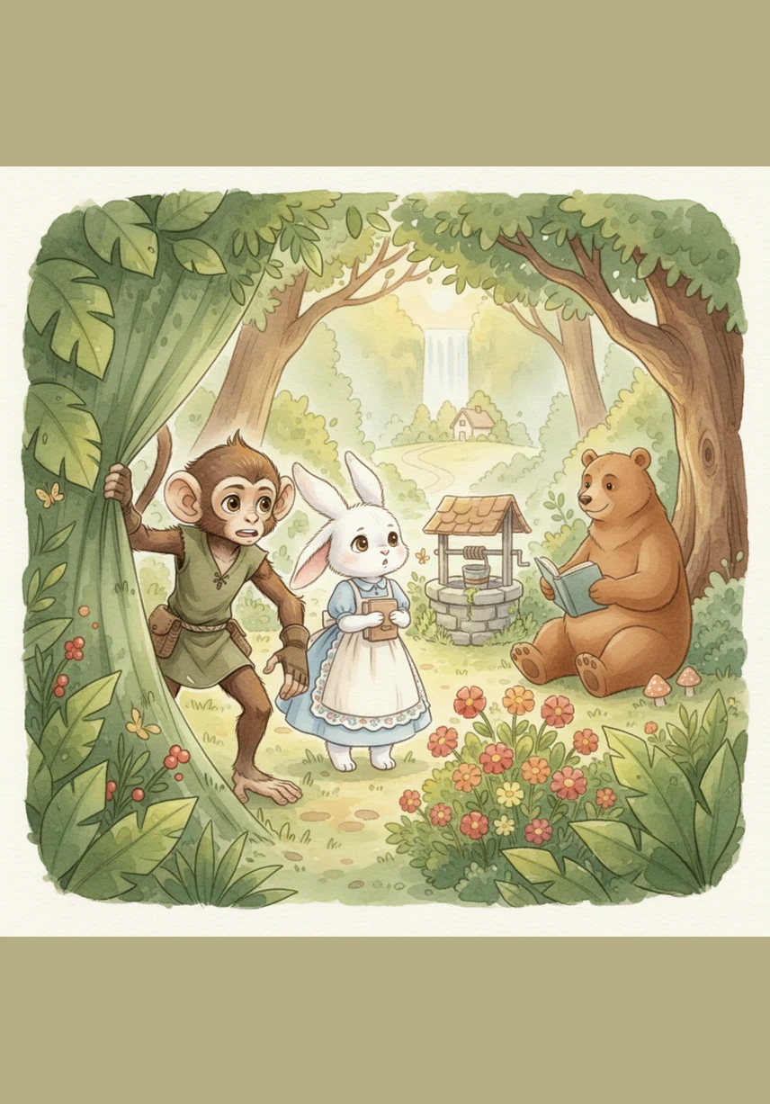 Milo pushes through a curtain of large leaves and gasps in delight at the sight of a magnificent tree heavy with ripe, yellow bananas. He jumps for joy, his eyes sparkling with excitement as he decides that every single piece of fruit belongs only to him.