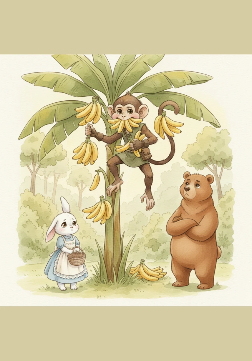 The greedy little monkey climbs high into the branches and begins to feast, stuffing his mouth with the sweet, creamy fruit. He doesn't just want to eat his fill; he wants to take every banana on the tree so no one else can have them.