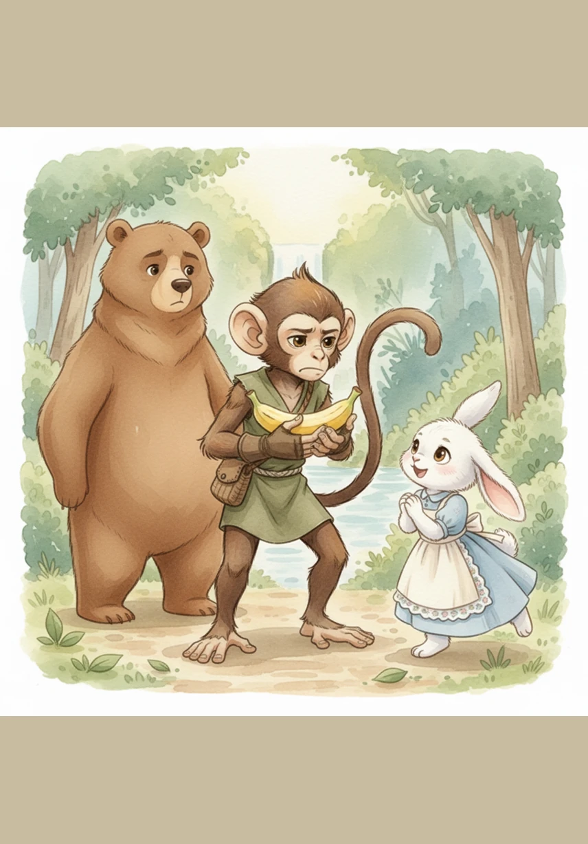 Lily the Rabbit hops by and looks up with a hopeful smile, asking Milo if he might share just one delicious banana. Milo frowns and shakes his head stubbornly, clutching the fruit tightly to his chest and refusing to let his friend have even a single bite.