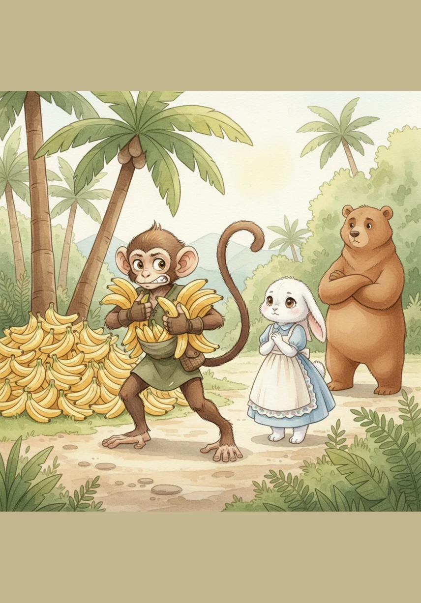 Determined to keep the entire harvest, Milo tries to grab even more bananas, tucking them under his arms and filling his hands to the brim. He ignores Lily's gentle warning that greed can cause trouble, focused only on his growing pile of treasure.