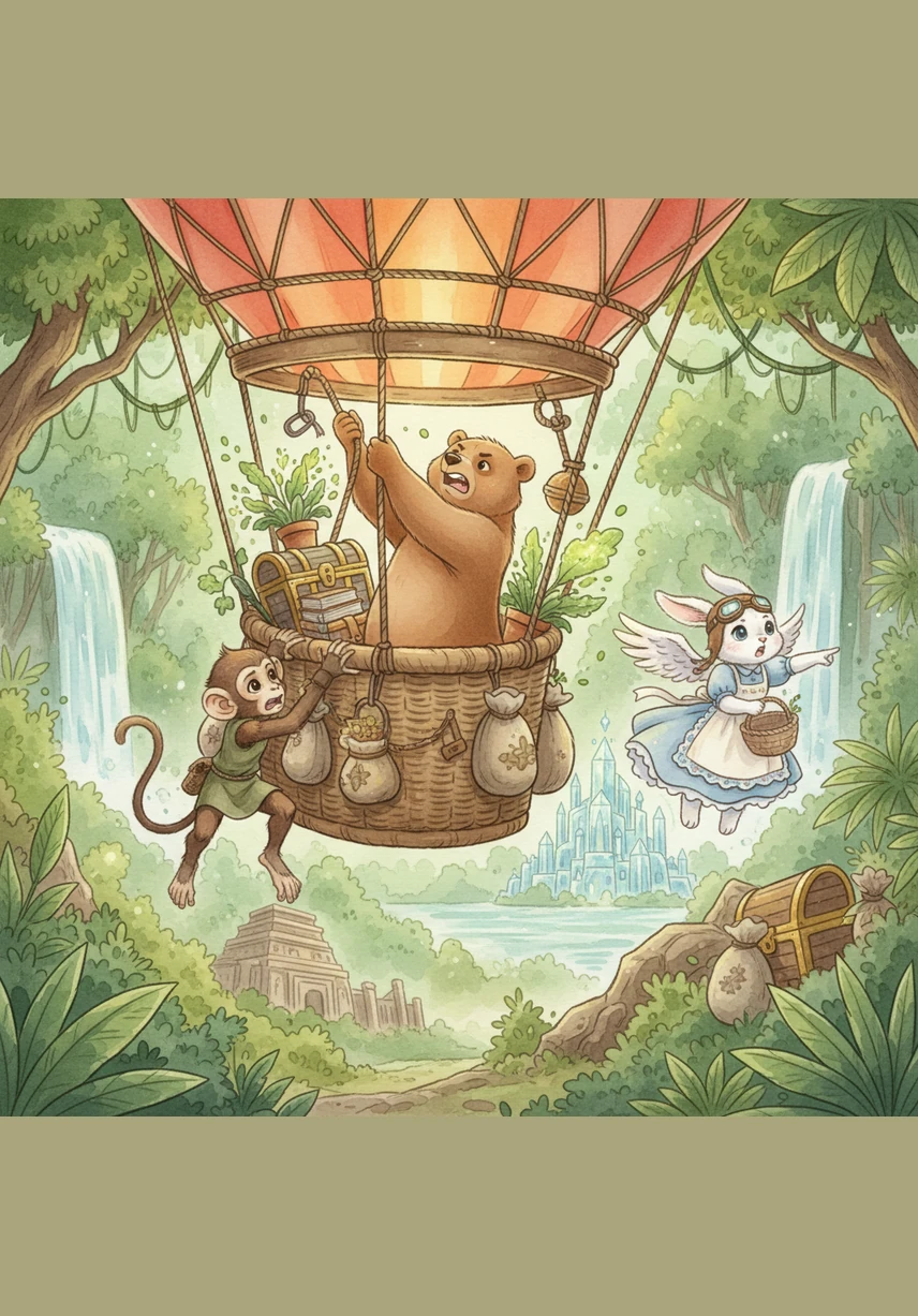 Suddenly, a loud and scary crack echoes through the jungle as the over-burdened branch begins to bend and splinter under Milo's weight. The monkey's eyes go wide with fear as he realizes he has gathered far more than the wooden branch can hold.