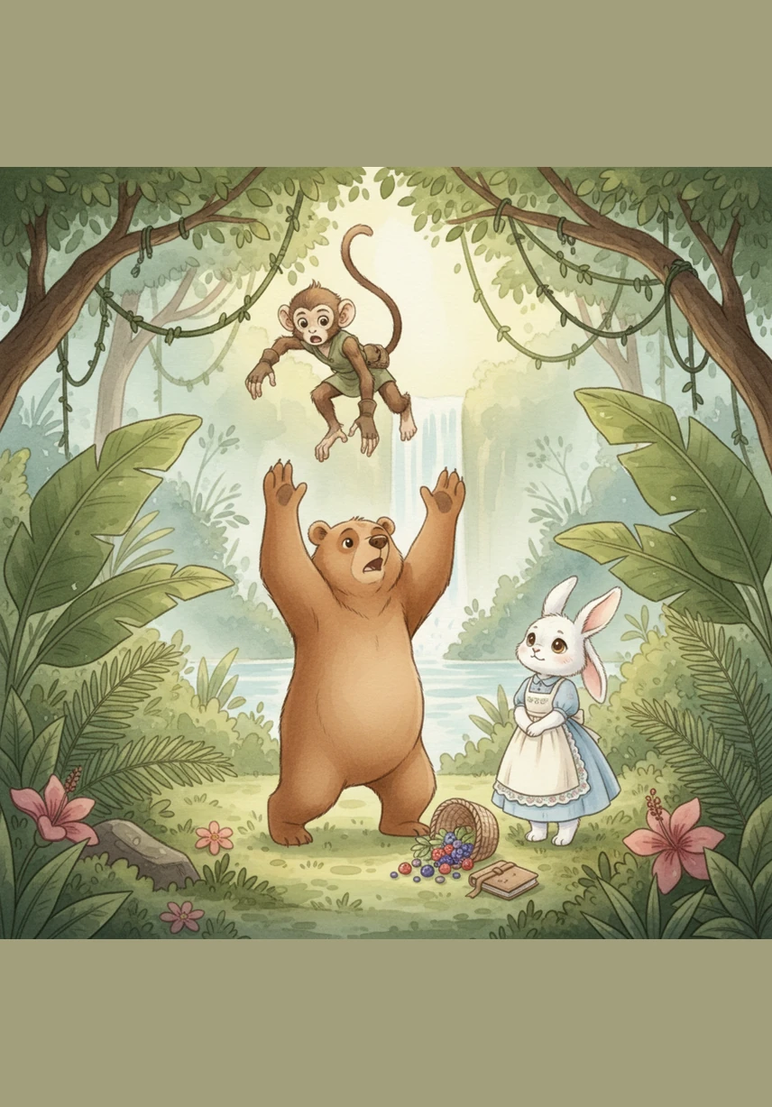 With a final snap, the branch gives way and Milo tumbles through the air, landing on the soft jungle floor with a loud thump. He rubs his head in pain as his precious bananas fly in every direction, rolling across the grass and out of his reach.