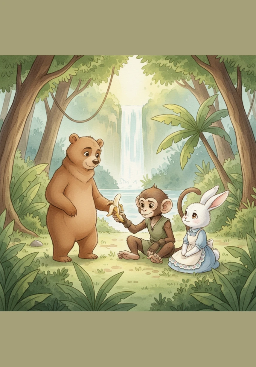 Benny the Bear kindly walks over and offers Milo a piece of a peeled banana, showing him that friends always look out for one another. Milo smiles through his regret, finally understanding that sharing with others makes the jungle a much happier place for everyone.