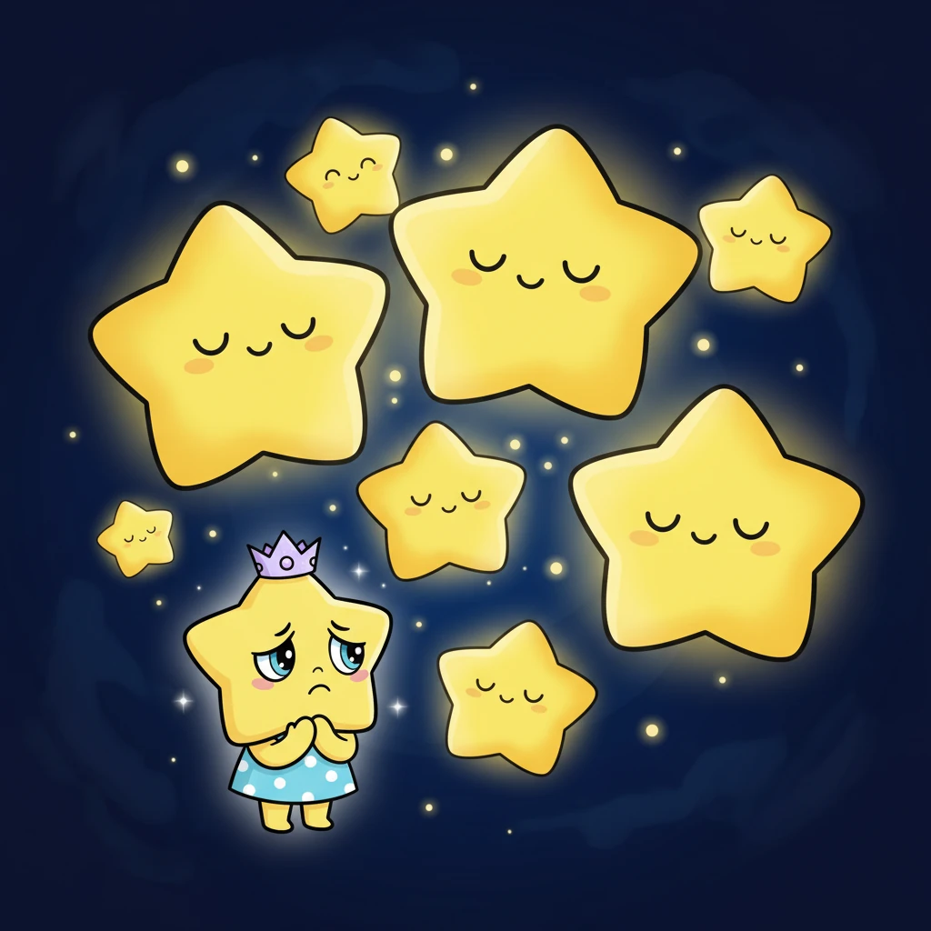 Deep in the vast, inky sky, lived a tiny star named Lumi. Lumi was the smallest star of all, and he often felt his light was just a tiny flicker compared to his big, bright star friends. "My light is too dim," he would whisper to himself, feeling a little unsure. The other stars twinkled with strong, golden glows, but Lumi felt like a shy little firefly in a sea of dazzling lanterns. He wished he could shine as brightly as they did, but a quiet worry always kept his glow small.