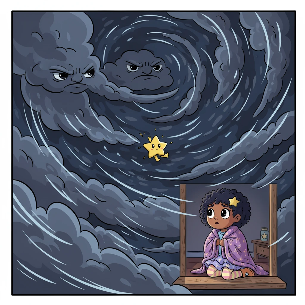 One evening, a grumpy, dark storm began to brew. Big, heavy clouds rolled across the sky, chasing away the moon and stars. A strong, blustery wind howled, snatching a beautiful golden star spark right out of the sky! The little spark danced away into the darkness, lost in the swirling grey. Down on Earth, a little girl named Lily looked out her window. The sky was so dark, and she felt a shiver of fear. "Where have all the stars gone?" she wondered, pulling her blanket tighter.