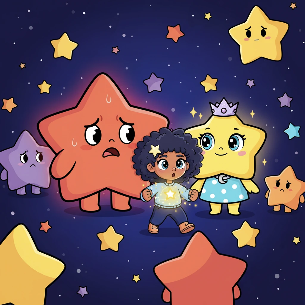 The wise stars gathered, their bright lights dimming with worry. "A golden spark is lost!" boomed a big, red star. "And the little ones on Earth are afraid!" Stella, the wisest and calmest star, twinkled gently. "We must find the spark to bring back the light," she said. Lumi listened, his own tiny light flickering. He felt a little flutter in his heart. Could he, the smallest star, truly help? He took a deep, brave breath. A tiny spark of courage, brighter than he’d ever felt, began to glow inside him. "I'll go!" he chirped, surprising even himself.