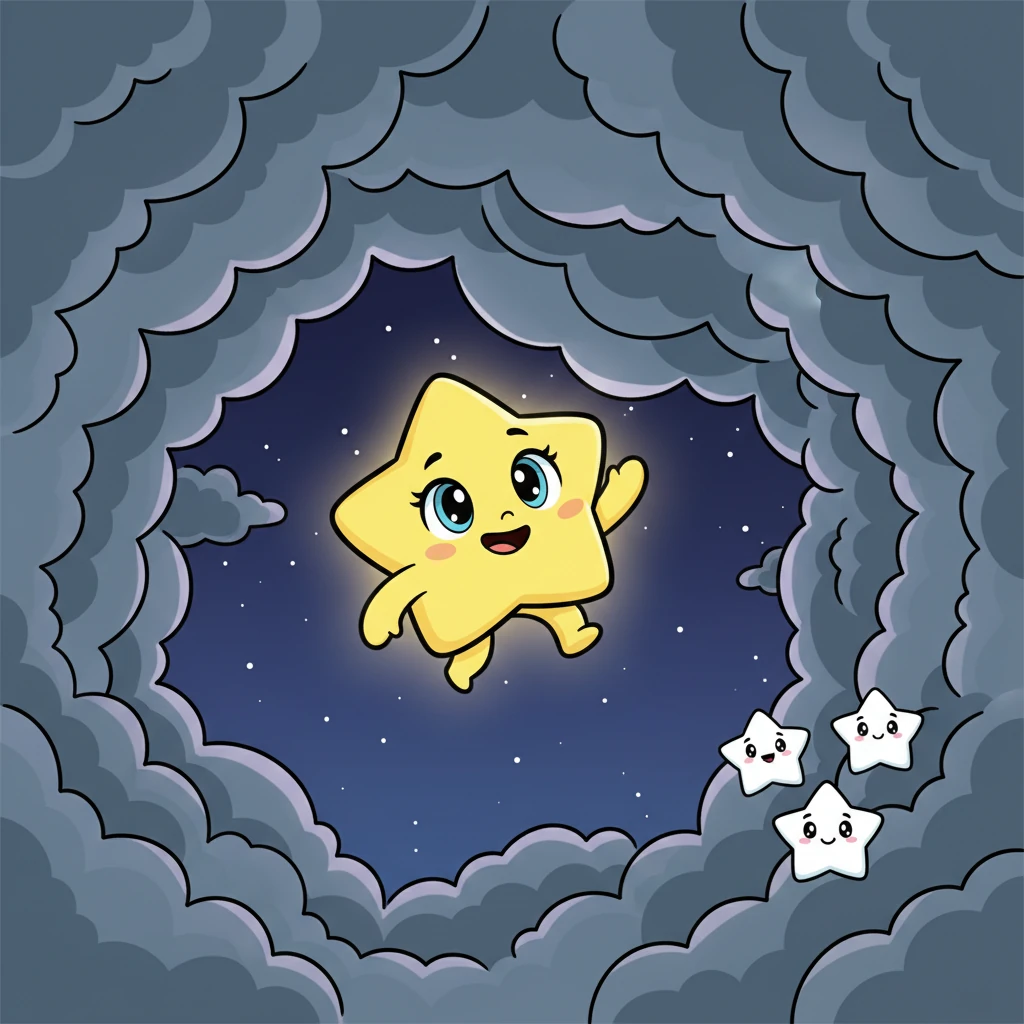 With a surge of new determination, Lumi fluttered his tiny points of light. He waved goodbye to the wise stars and soared towards the big, dark clouds. The clouds looked thick and a little scary, like a giant grey blanket pulled over the world. Lumi felt a tiny wobble in his glow, but he remembered Lily on Earth, feeling afraid. He pushed his worries away and gently, bravely, flew right into the swirling darkness, a tiny beacon of hope setting off on a grand adventure.