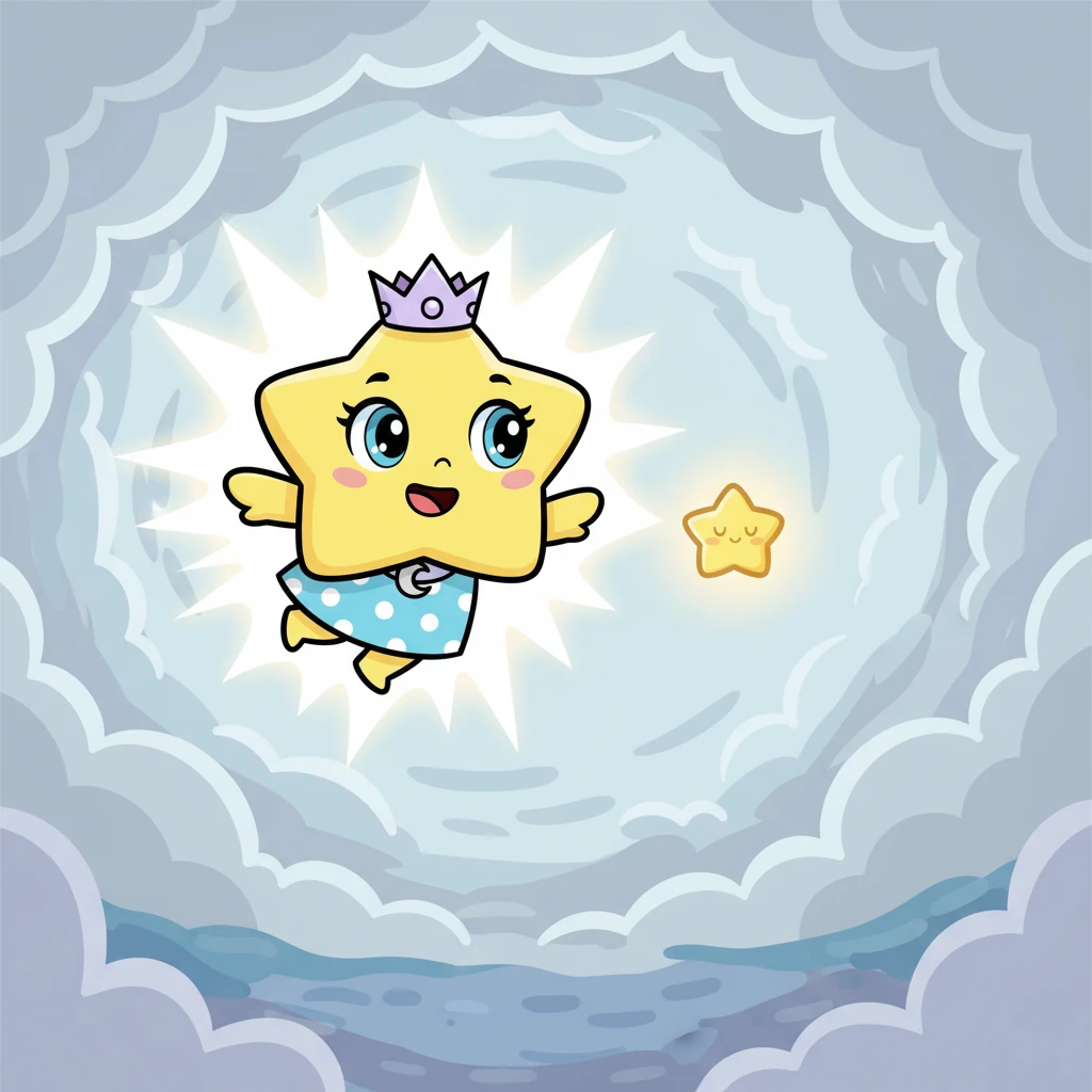 Just when Lumi thought he might be lost in the endless grey, he saw it! A tiny, faint glimmer, like a sleepy firefly, shone through the thick mist ahead. It was the lost golden star spark! It looked small and lonely, waiting to be found. A wave of excitement washed over Lumi, making his own light dance with joy. He flapped his tiny points of light even faster, eager to reach his new friend and bring it back home.