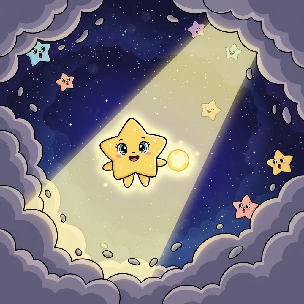 Hand-in-spark, Lumi and his new friend began their journey back home. Their combined light cut a joyful path through the remaining clouds. As they flew, the dark grey began to break apart, like a curtain opening to reveal a beautiful stage. Soon, they burst through the last wisps of cloud, and the night sky opened up above them, clear and sparkling. Lumi, with the golden spark beside him, shone brighter than he ever had before, a magnificent glow filling the heavens. The other stars gasped with delight.