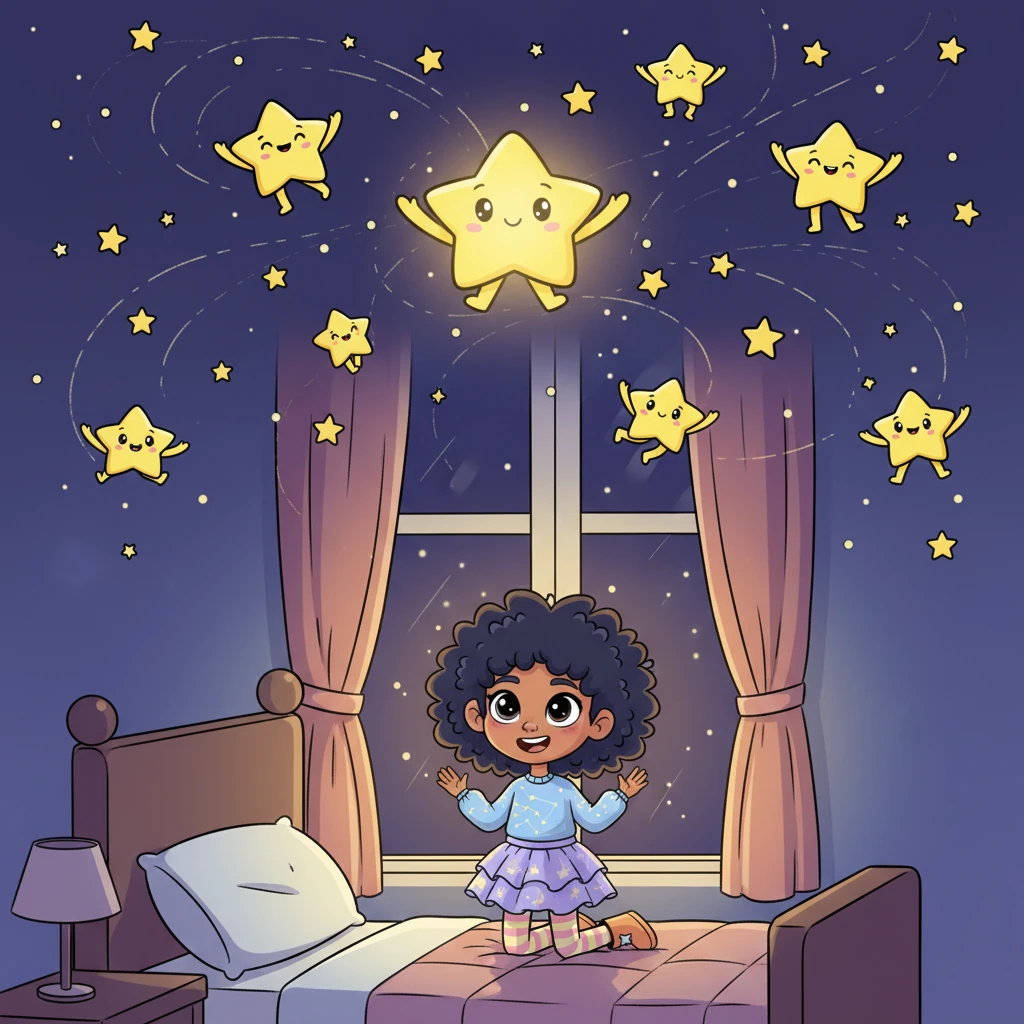 All the stars cheered and twinkled their brightest! "Lumi did it!" they sang. "He brought back the light!" The night sky was filled with joyful, dancing lights. Down on Earth, Lily peeked out her window again. The big, dark clouds were gone! The sky was filled with sparkling stars, and one star, in particular, shone with a special, warm glow. Lily smiled, feeling safe and happy. She snuggled into her bed, knowing the stars were watching over her.