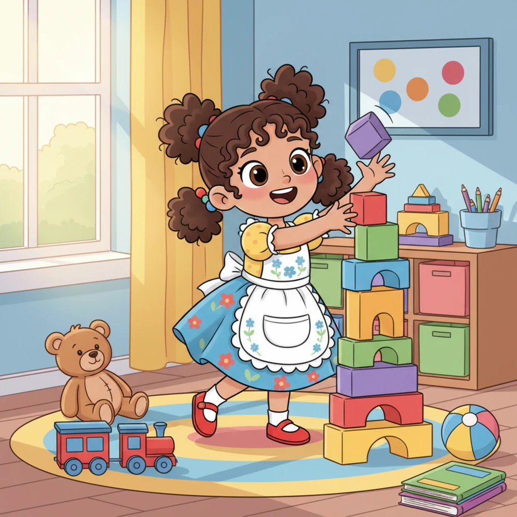 Sofía, una niña de 4 años, con grandes ojos curiosos y expresivos, sonríe ampliamente. Su cabello castaño está recogido en dos coletas juguetones. El fondo es brillante y alegre, con elementos de un cuarto de juegos que sugieren diversión.