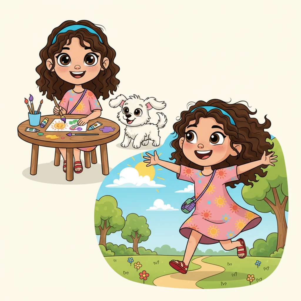 Sofía, con una sonrisa amplia, pinta un dibujo colorido en una mesa pequeña. A su lado, su perrito Luna, un cachorro esponjoso y juguetón, la mira con cariño. En otra viñeta, Sofía corre feliz por un parque soleado, con los brazos abiertos y el viento en el pelo.