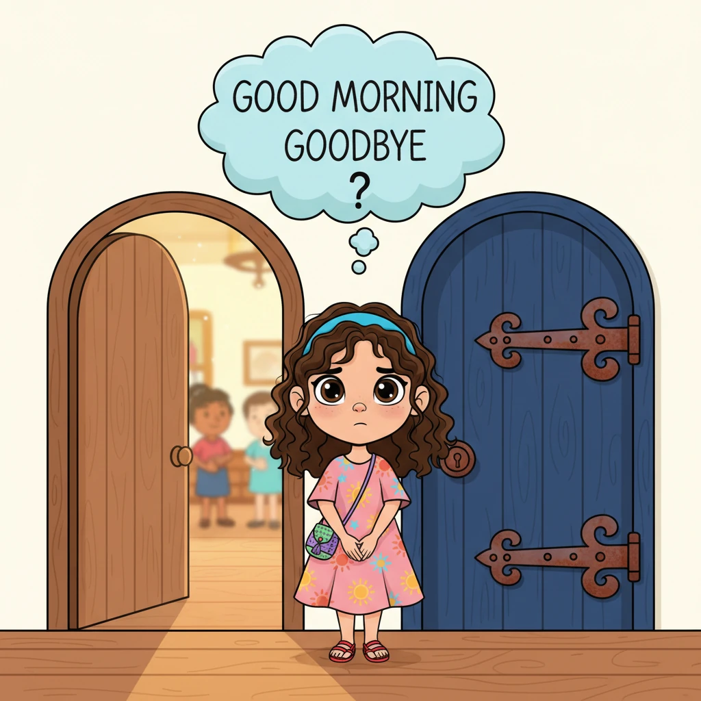 Sofía, con una expresión ligeramente pensativa, está parada entre dos puertas, una abierta que representa la comunicación y otra cerrada que simboliza su silencio. Una nube de pensamiento sobre su cabeza muestra las palabras 'buenos días' y 'adiós' con un signo de interrogación, destacando su dificultad para decirlas.