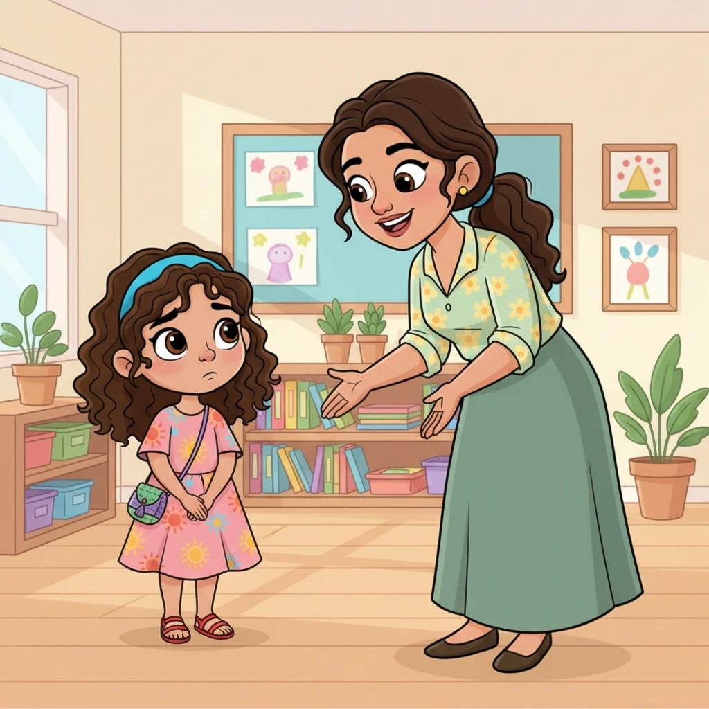 La maestra, una mujer cálida y amigable, se inclina un poco hacia Sofía con una sonrisa que irradia cariño. Sus brazos están ligeramente abiertos, como invitando a un saludo afectuoso. Sofía la mira con sus grandes ojos, pero sin responder, su expresión es un poco tímida.