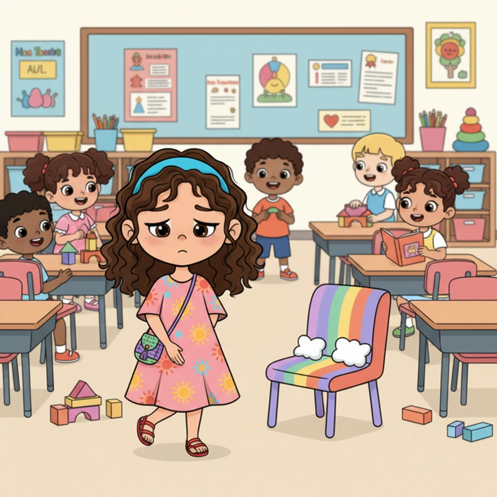 Sofía baja la mirada, sus hombros un poco encogidos, mientras camina directamente hacia su asiento en el aula. Los otros niños están ocupados jugando y riendo, sin notar su silencio. El asiento es colorido y acogedor, pero Sofía parece solitaria.