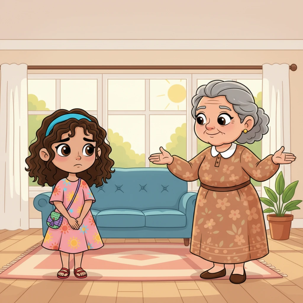 En casa, la misma situación se repite. Sofía está en la sala, y su abuelita, con una expresión de cariño, la saluda con una sonrisa. Sofía está parada un poco apartada, reflejando la misma falta de palabras que en el preescolar.