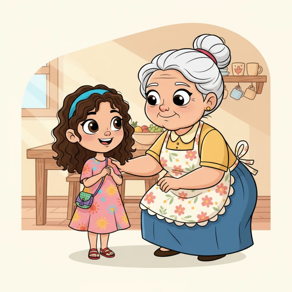 La abuelita, una figura dulce y sonriente con un delantal de cocina, se agacha para hablar con Sofía, que está de pie a su lado. El fondo sugiere un ambiente hogareño y cálido, lleno de amor familiar.