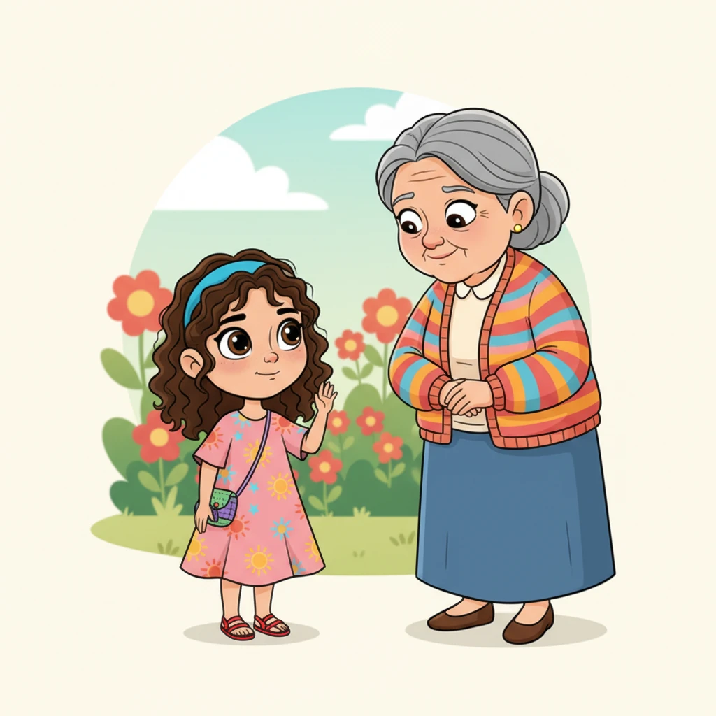Sofía hace un pequeño gesto con la mano, casi imperceptible, en respuesta a su abuelita. Su rostro muestra una mezcla de timidez y afecto, pero no pronuncia ninguna palabra. La abuelita la mira con paciencia y comprensión.