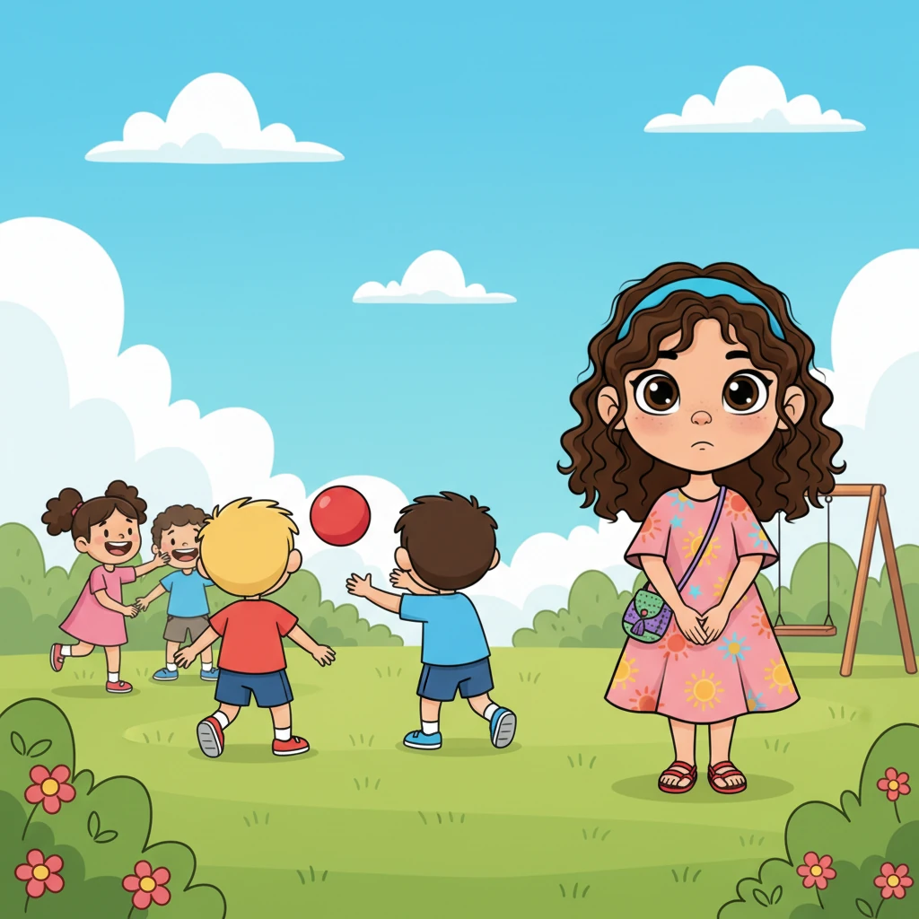 En un parque soleado, un grupo de niños ríe y juega alegremente. Sofía, un poco apartada, los observa con una expresión de anhelo. Dos niños cercanos le dan la espalda, sugiriendo que no la invitan a unirse a sus juegos.