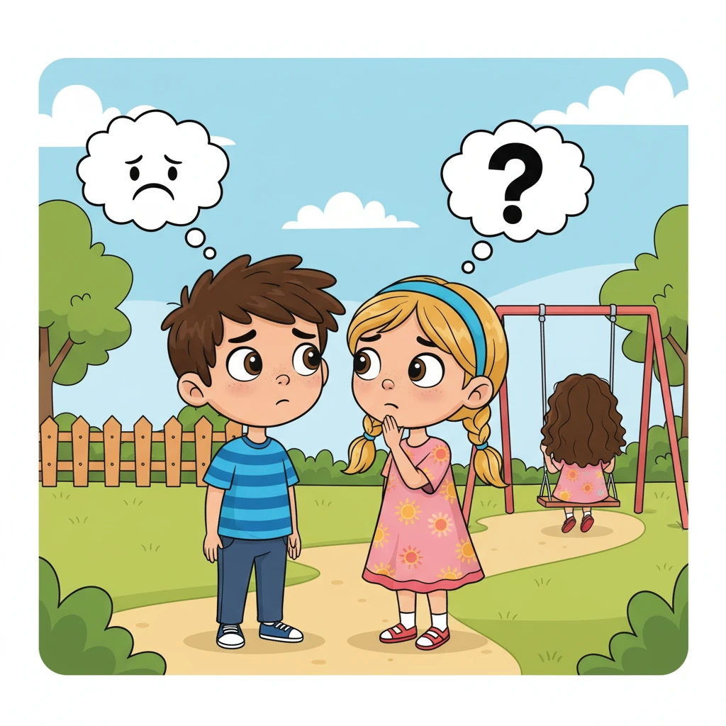 Dos niños, con expresiones un poco confundidas o serias, se susurran entre sí mientras miran a Sofía desde la distancia. Uno tiene una nube de pensamiento con un ceño fruncido, y el otro con un signo de interrogación, pensando que Sofía está enojada o no quiere jugar.