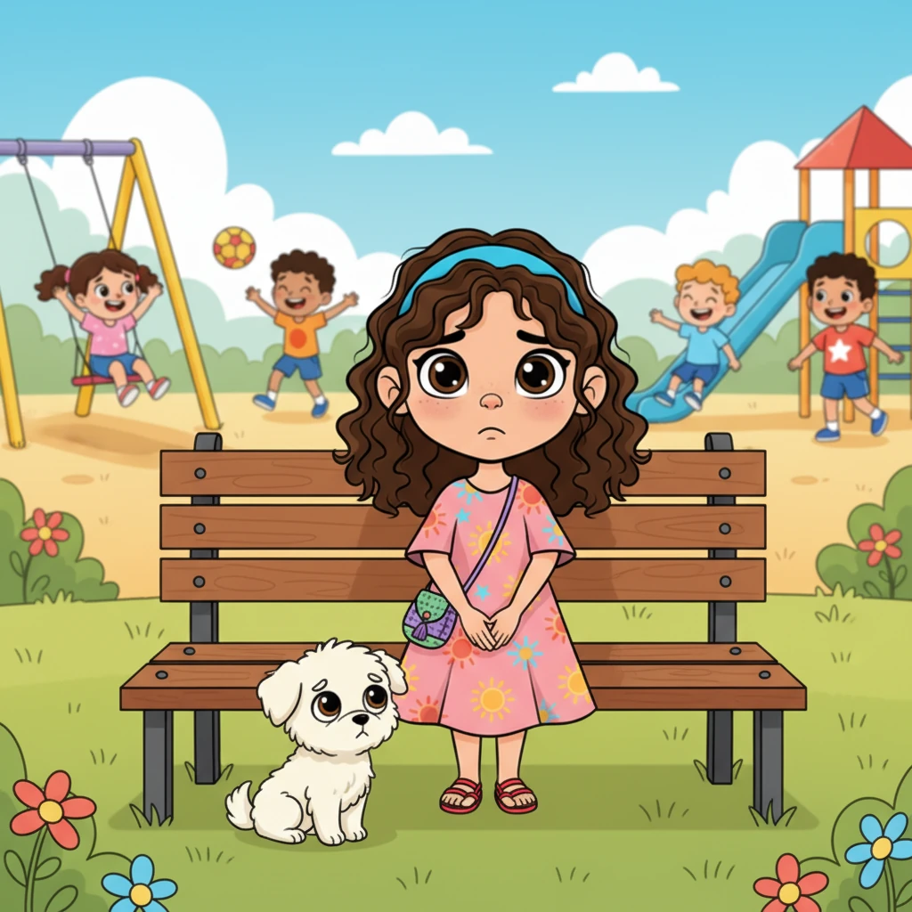 Sofía está sentada sola en un banco del recreo, con la cabeza ligeramente inclinada y una expresión de melancolía. Su perrito Luna está a sus pies, mirándola con preocupación. Otros niños juegan alegremente en el fondo, creando un contraste doloroso.