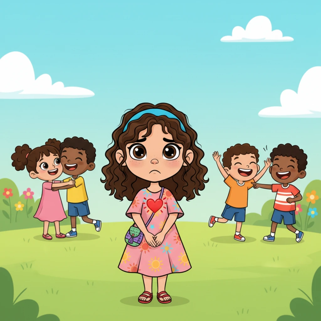 Sofía observa a un grupo de niños riendo y saludándose con abrazos y chocar de manos, sus caras llenas de alegría. Su expresión es de tristeza, y un pequeño dibujo de un corazón apretado aparece sobre su pecho, como si fuera visible su sentimiento de soledad.