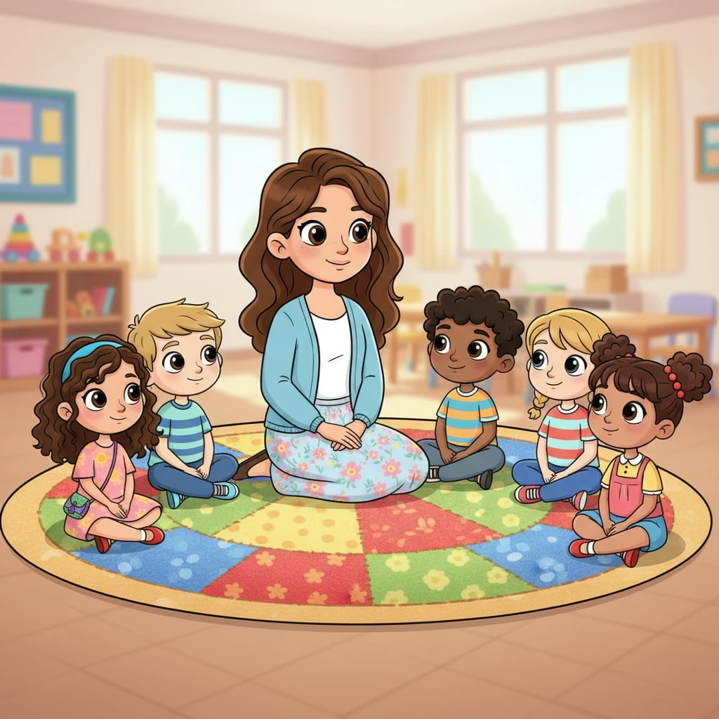 Un día, la maestra Clara, con una sonrisa amable y una voz suave, reúne a un grupo de niños en una alfombra colorida. Todos los niños están sentados con las piernas cruzadas, mirándola con atención y curiosidad, ansiosos por saber de qué hablará.