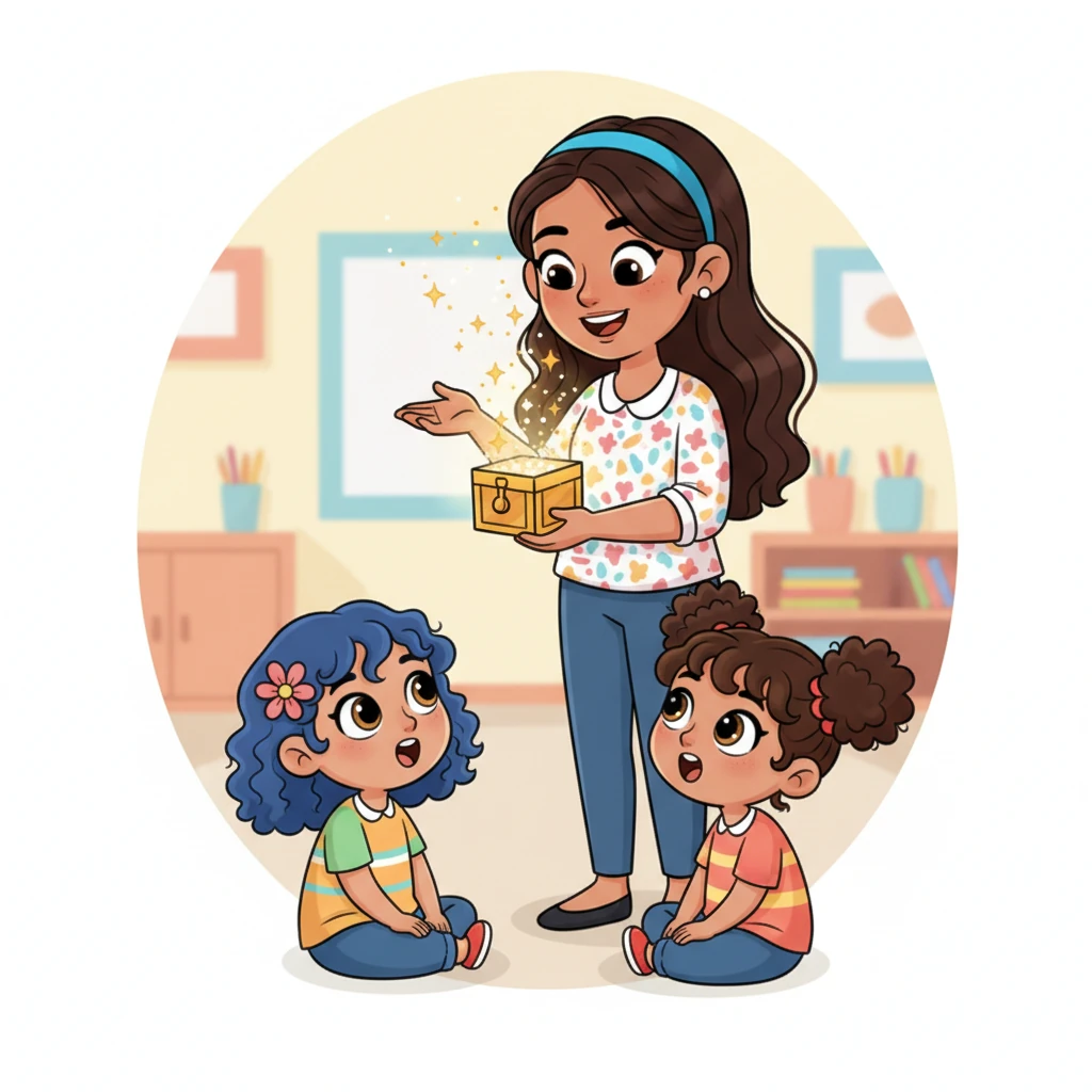 La maestra Clara sostiene una cajita brillante y mágica, de la cual emanan pequeños destellos. Los niños la miran con los ojos muy abiertos y expresiones de asombro. La maestra tiene una sonrisa cálida y explica el poder de las palabras que abren corazones.