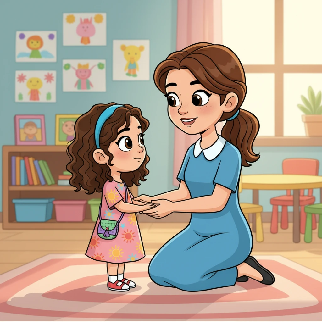 La maestra Clara mira a Sofía con ternura, su expresión es de comprensión y apoyo, no de regaño. Sofía la mira de vuelta, sus grandes ojos reflejan la atención y una chispa de esperanza. El ambiente es de calma y confianza, invitando a la apertura.