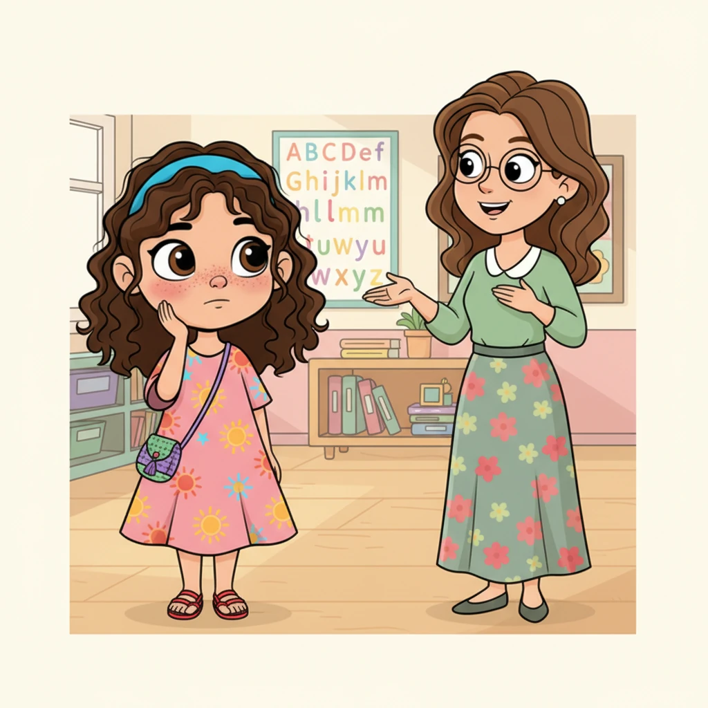 Sofía se toca la mejilla, que tiene un ligero rubor, mientras escucha atentamente a la maestra. Su expresión es de comprensión y un poco de vergüenza. La maestra la anima con un gesto suave para que practique decir 'buenos días' con una sonrisa.