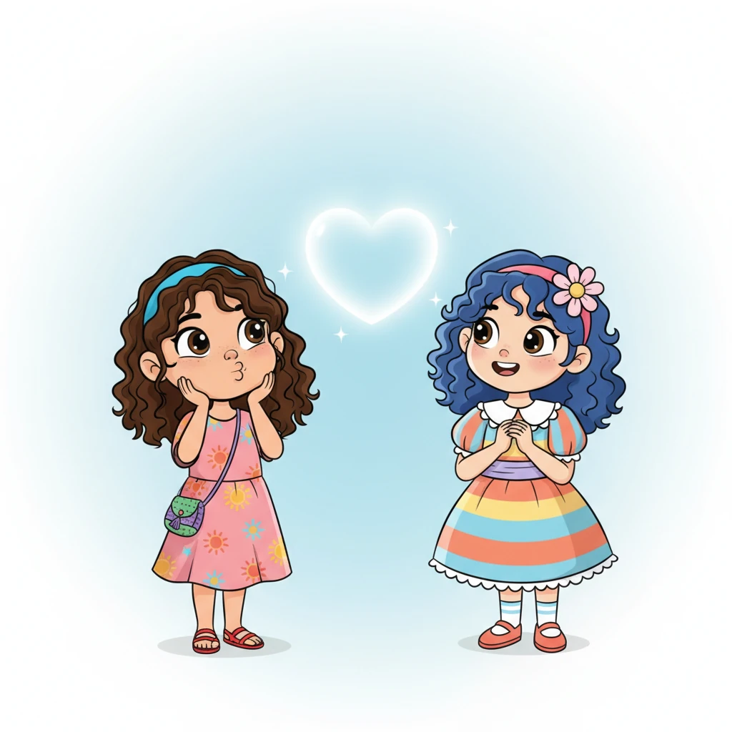 Sofía respira profundamente, sus mejillas infladas por el esfuerzo. Luego mira a su amiga Ana, quien sonríe esperanzada y amigable. Sofía susurra 'Bue... buenos días', y Ana responde con una gran sonrisa. Un corazón brillante aparece entre ellas, simbolizando la conexión.