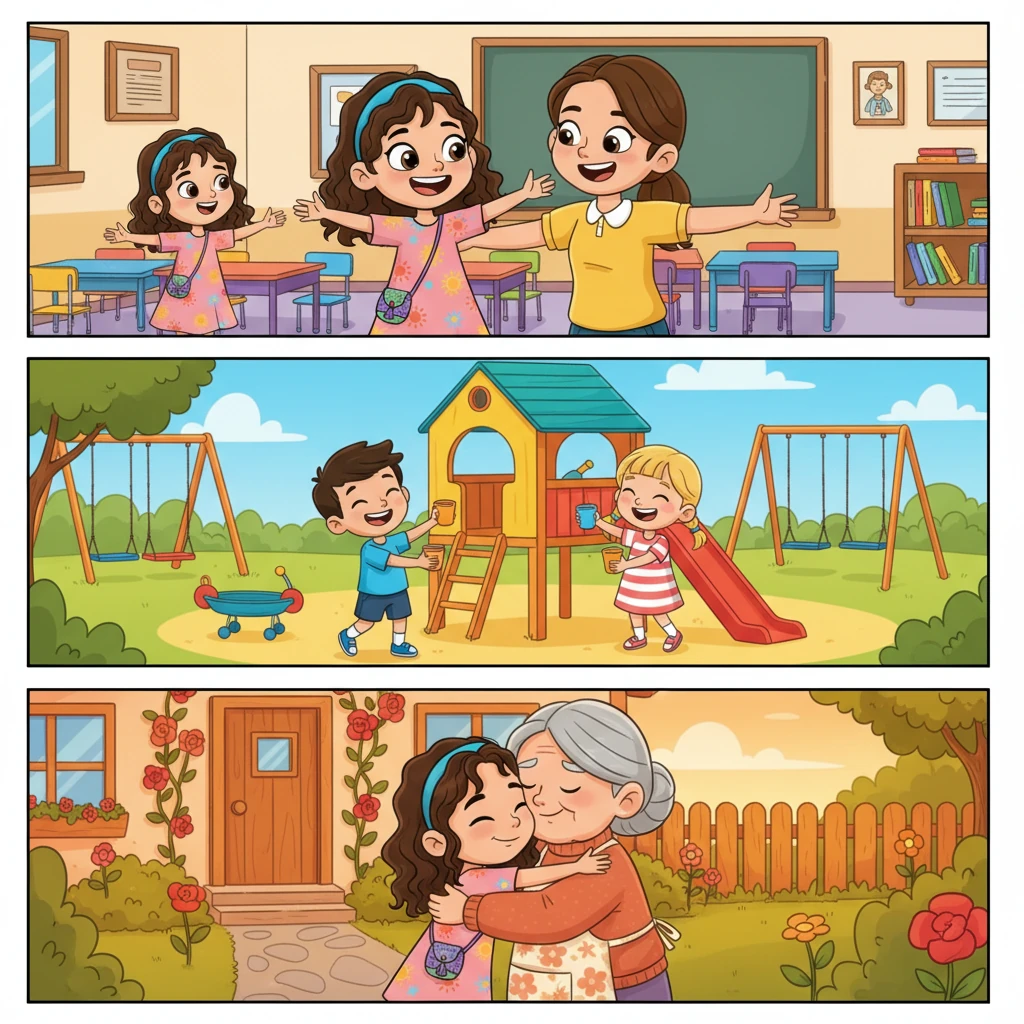 Al día siguiente, Sofía entra al aula con una gran sonrisa y dice '¡Buenos días, profe Clara!'. La maestra, sorprendida y feliz, abre los brazos para darle un abrazo. En el recreo, Sofía saluda a dos compañeros y juegan felices a la casita. Por la tarde, se despide con un abrazo largo de su abuelita, diciendo 'Adiós, abuelita. Te quiero.'.