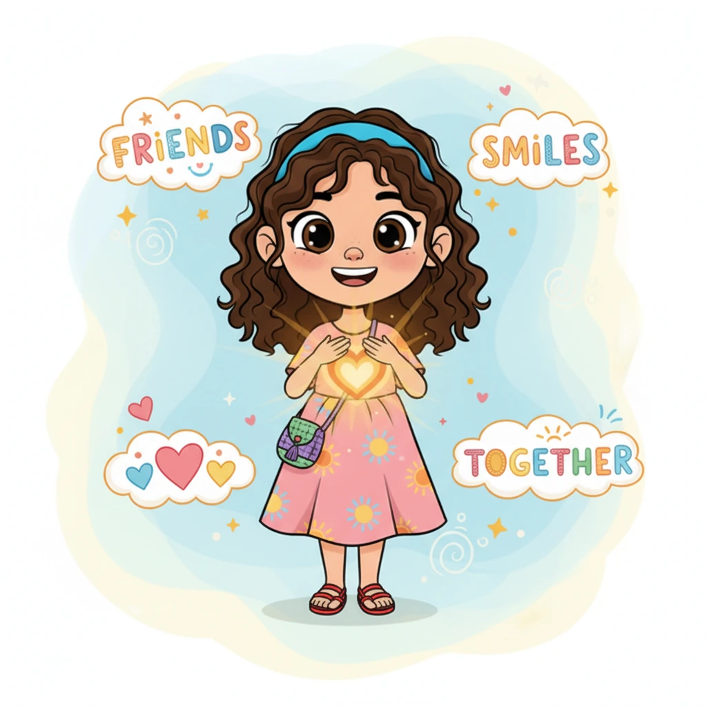 Sofía, con una expresión de profunda comprensión y alegría, está rodeada de ilustraciones de palabras flotantes como 'amigos', 'sonrisas' y 'acompañado'. Su corazón, que antes estaba apretado, ahora brilla con felicidad y calidez, mostrando lo que las palabras pequeñas pueden lograr.