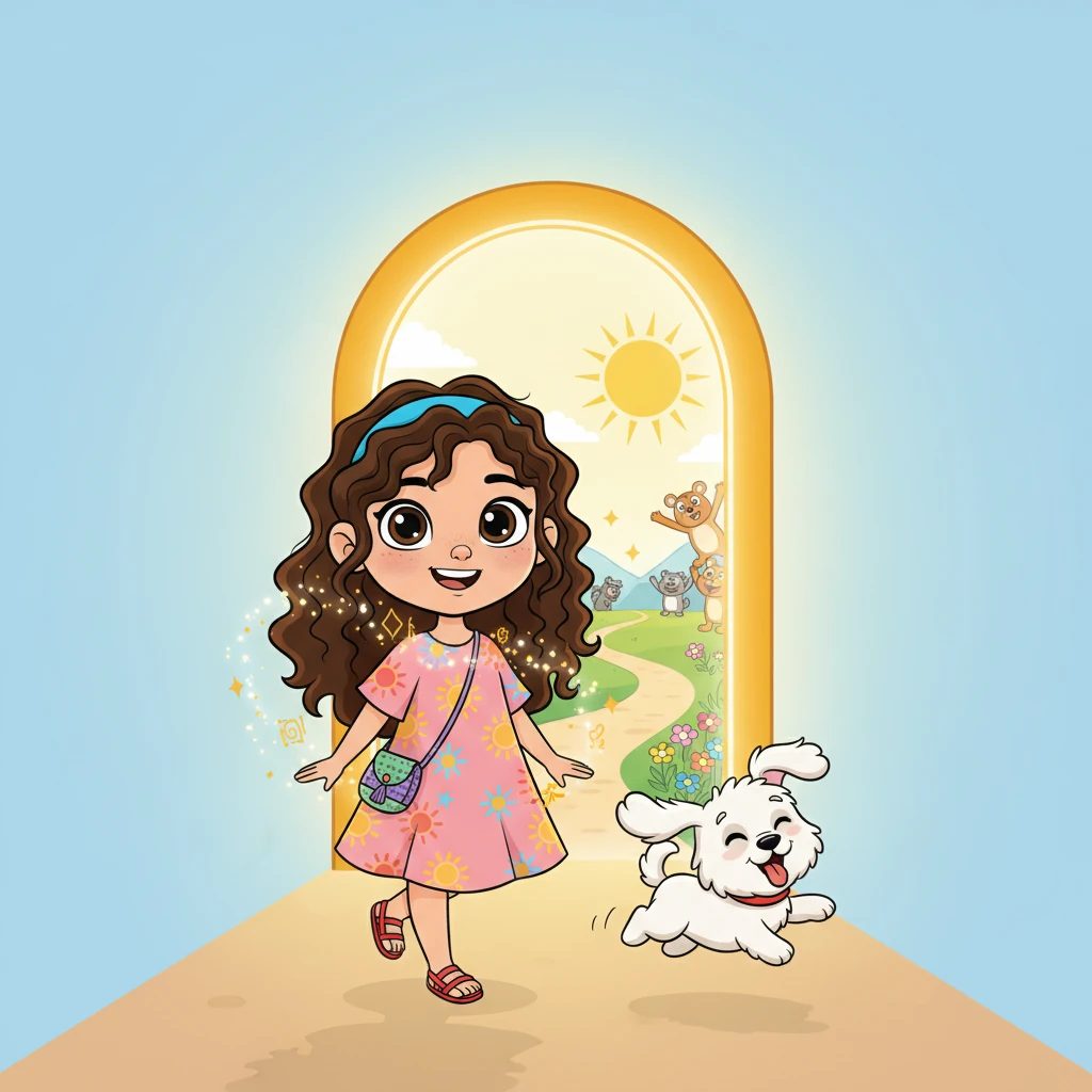 Y desde entonces, Sofía, con una mochila invisible decorada con destellos y palabras mágicas, camina feliz y segura. Detrás de ella, una puerta brillante se abre, revelando un camino lleno de amigos, sol y alegría. Su perrito Luna salta juguetón a su lado, celebrando su nueva confianza.