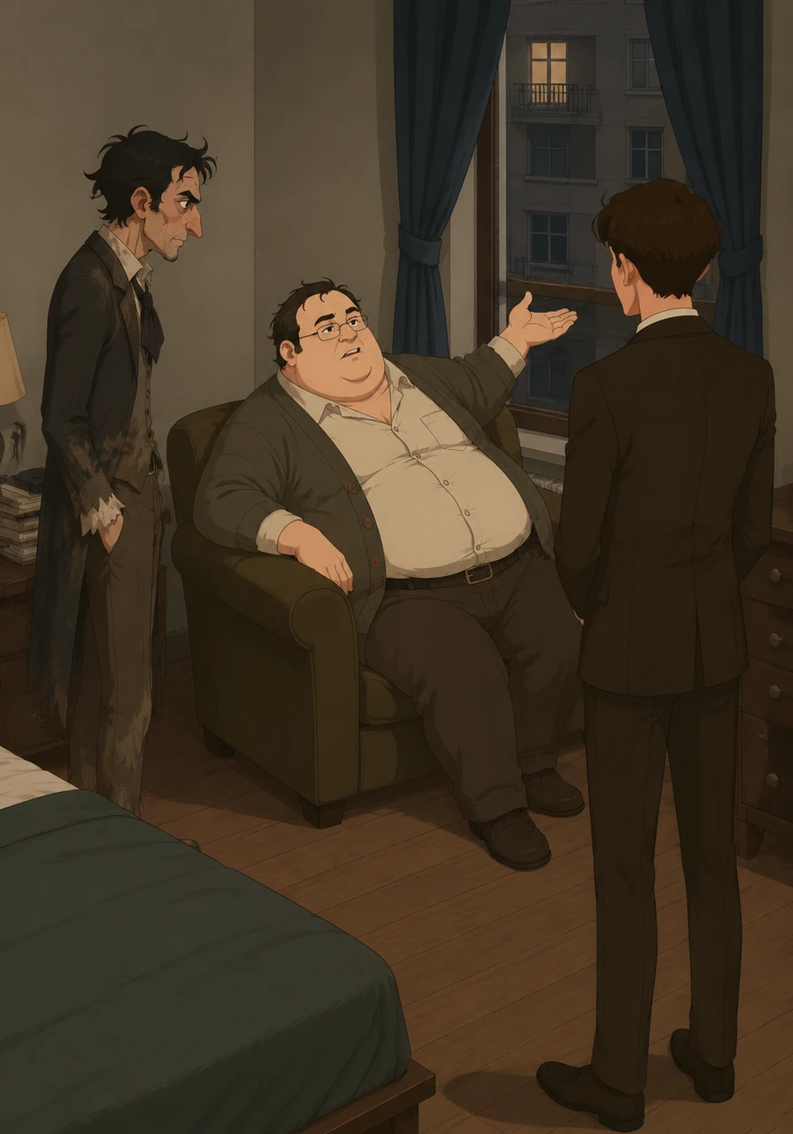 Instead of panicking, Ausable sinks into an armchair and grumbles about a non-existent balcony outside his window. He claims this is the second time someone has broken into his room using that dangerous architectural flaw.