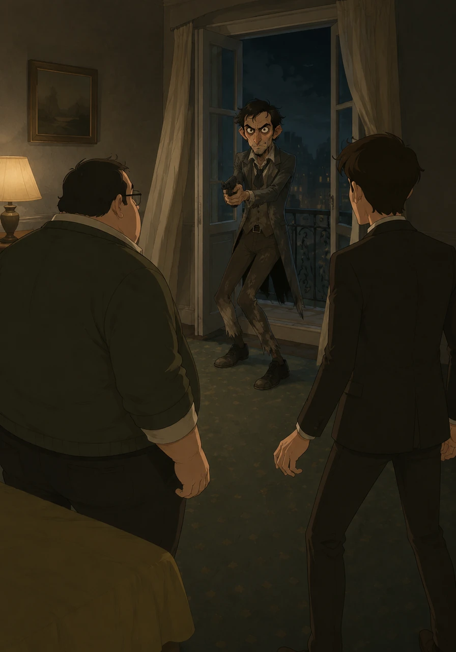 Terrified of being caught by the authorities, Max backs toward the open window, keeping his gun pointed at the two men. He plans to wait on the balcony until the police leave, unaware of the trap being set.