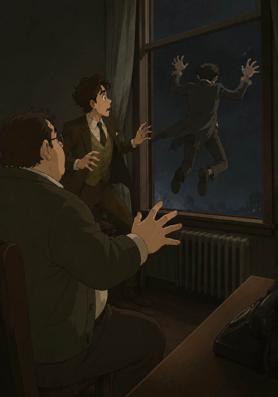 With a final threat, Max steps back and drops out of the window into the dark night. A sharp, high-pitched cry echoes through the air as he disappears from sight, leaving Fowler breathless with shock.