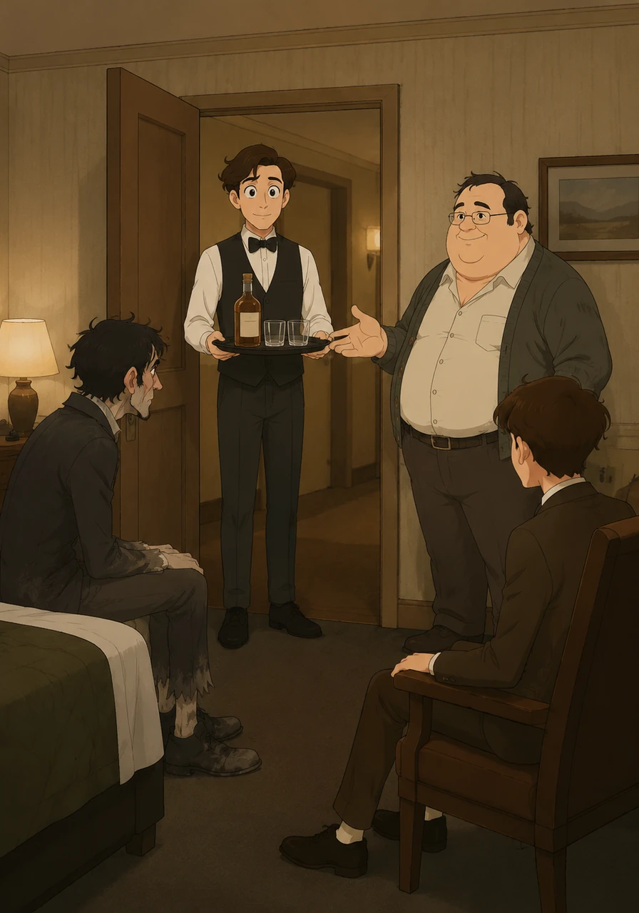 The door opens, but instead of the police, Henry the waiter enters carrying a tray with a bottle and two glasses. Ausable smiles, revealing that there were never any police and the knocking was just his drink order arriving.